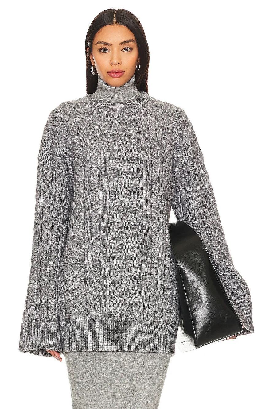 SNDYS Nellie Gray Cable Knit Turtleneck Oversized Pullover Sweater Size Small